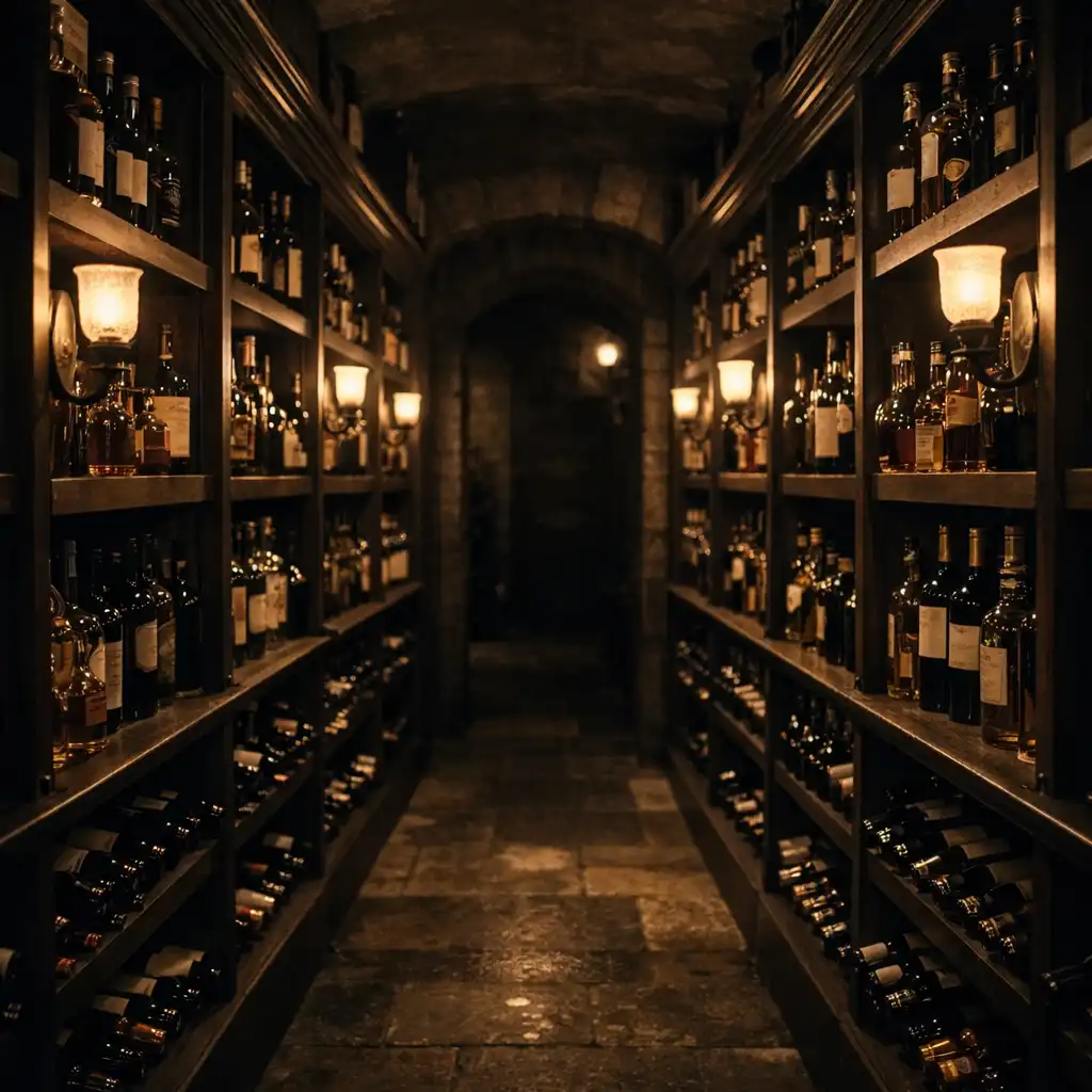 Wide-angle view of a wine and spirits cellar with dark wooden shelves, warm amber lighting, and deep shadows