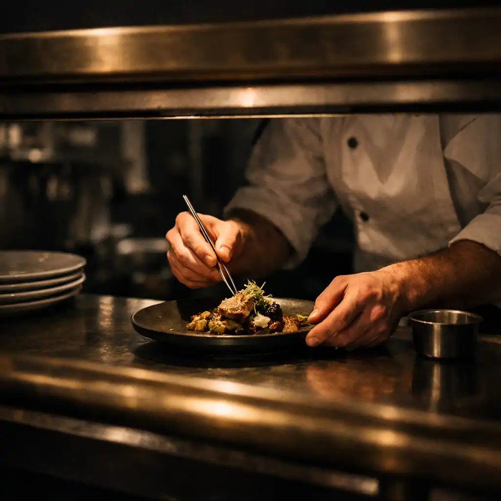 Chef's hands plating a dish at the kitchen pass, framed by brass rails