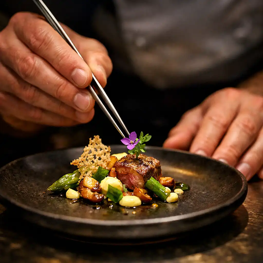Chef carefully plating a refined dish with tweezers in a dark kitchen