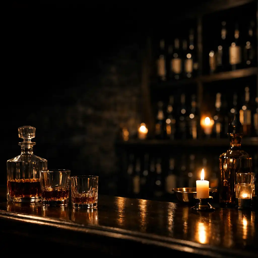 Candlelit cellar with dark wooden shelves, amber glassware, and warm highlights