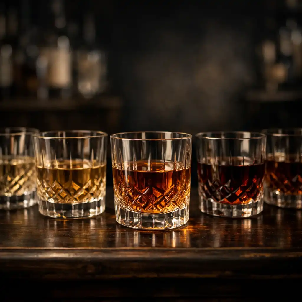 Row of crystal glasses filled with spirits ranging from pale gold to deep amber on a dark wooden bar