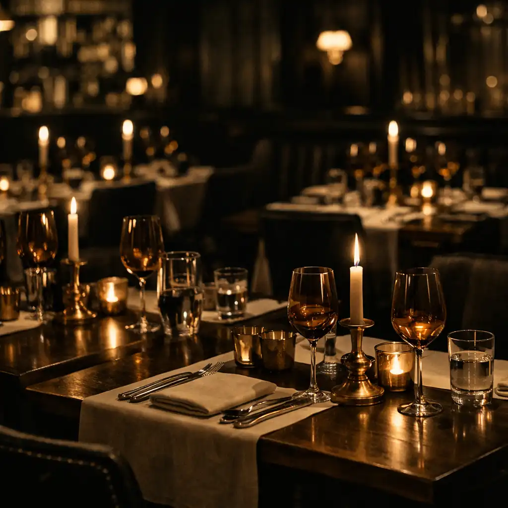 Candlelit dining room with dark wood tables and brass details at Epicurean Studio