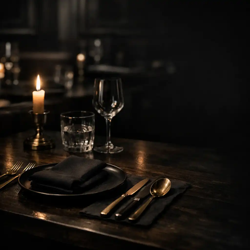 Candlelit dining table with dark wood and brass details in the Epicurean Studio dining room