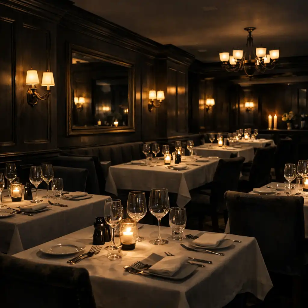 Sophisticated restaurant dining room at night with dark wood panelling, brass fixtures, and candlelit tables