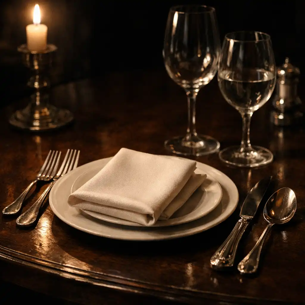 Close-up of a fine dining table setting with polished dark wood, ivory linen, and a single candle