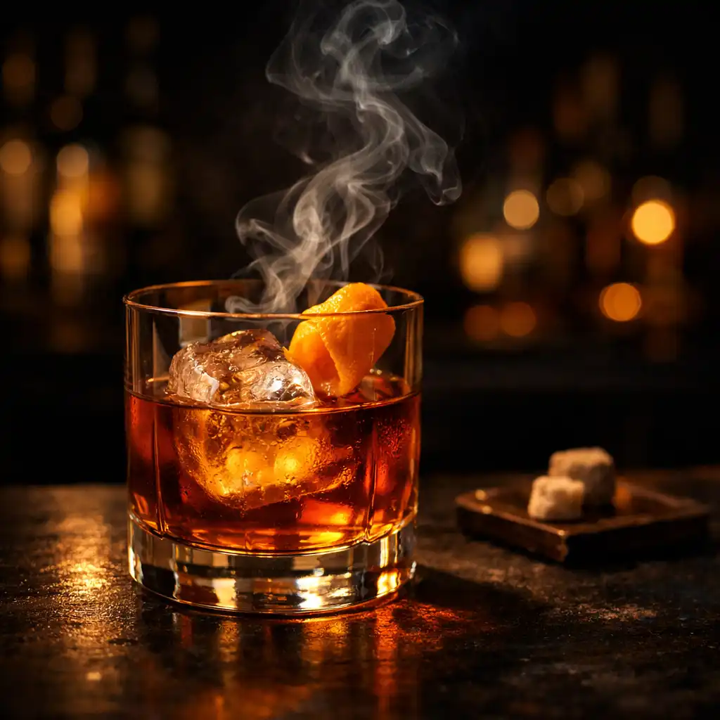 Smoked old fashioned cocktail with a wisp of smoke