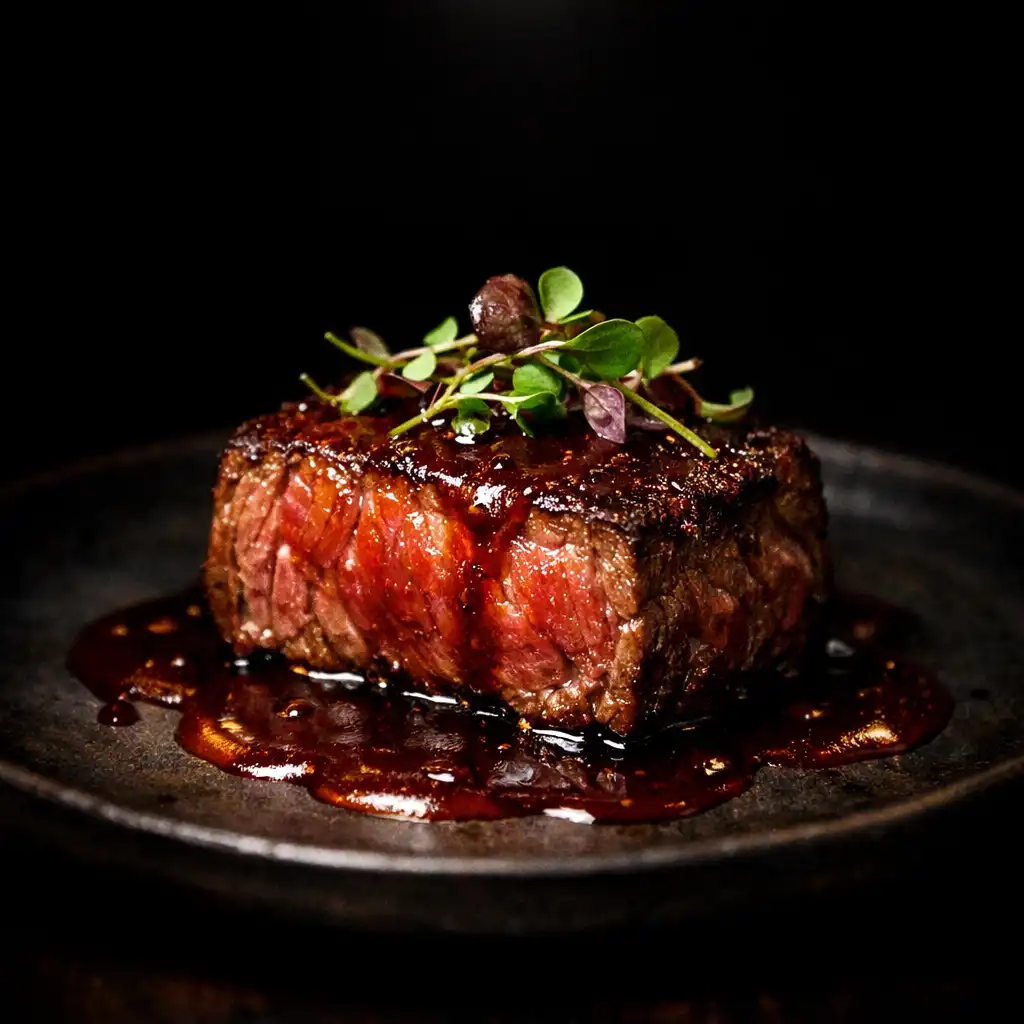 Plated gourmet Wagyu dish under a focused spotlight