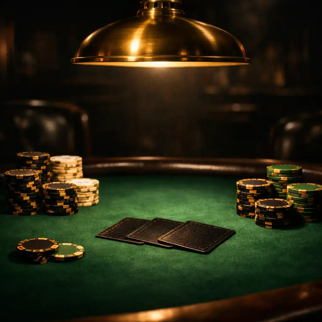 Dimly lit poker table with green baize and custom ceramic chips