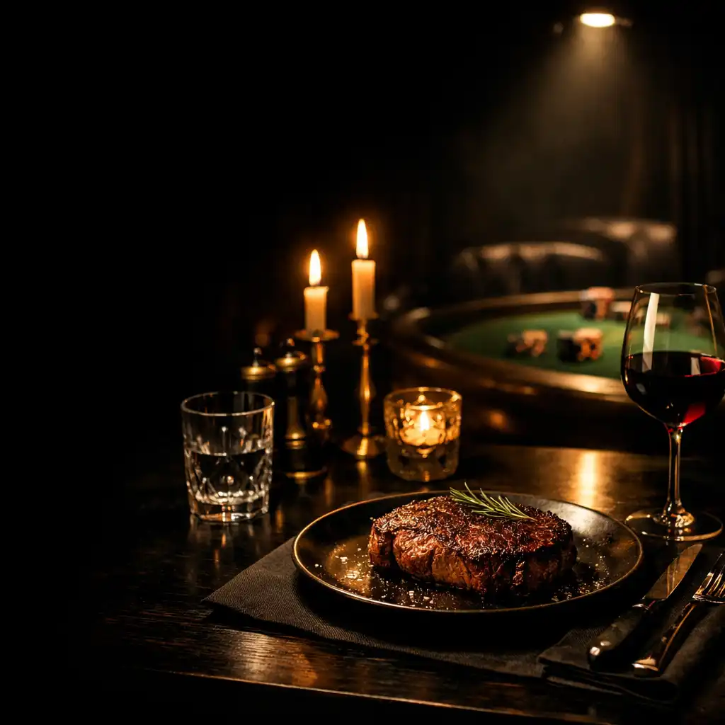 Candlelit dining table with dry-aged steak and wine, with a hint of poker chips in the soft-focus background
