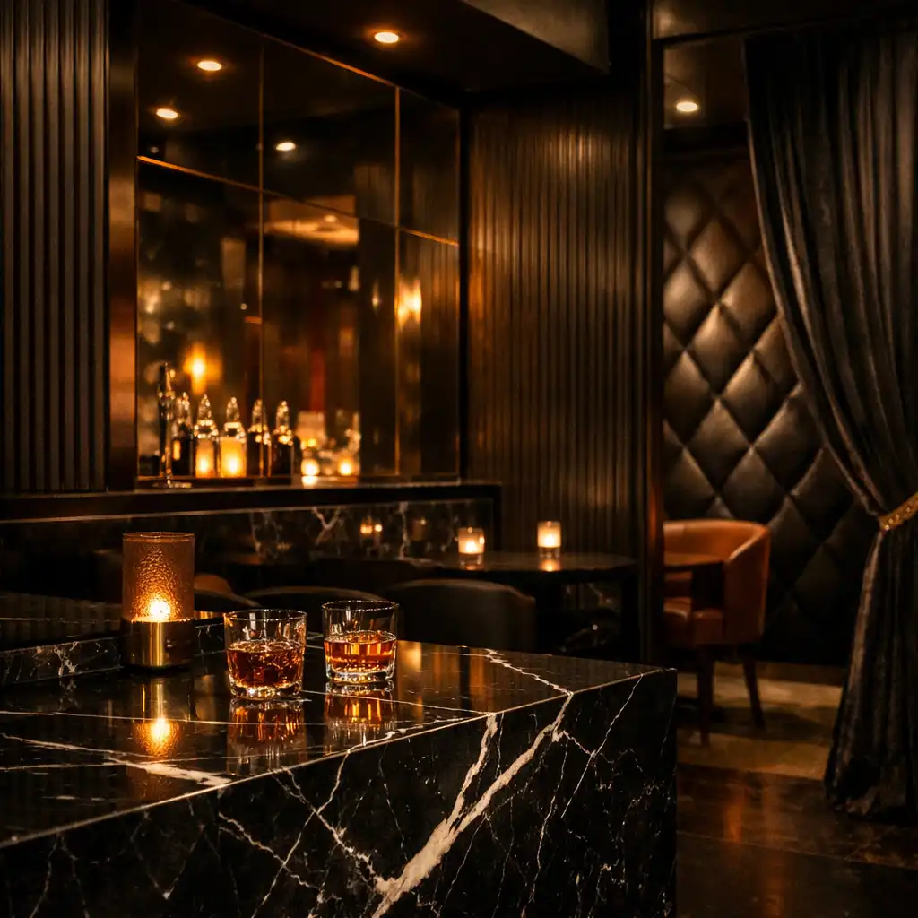 Dimly lit interior with Nero Marquina marble, dark timber panelling, and amber pin-lighting