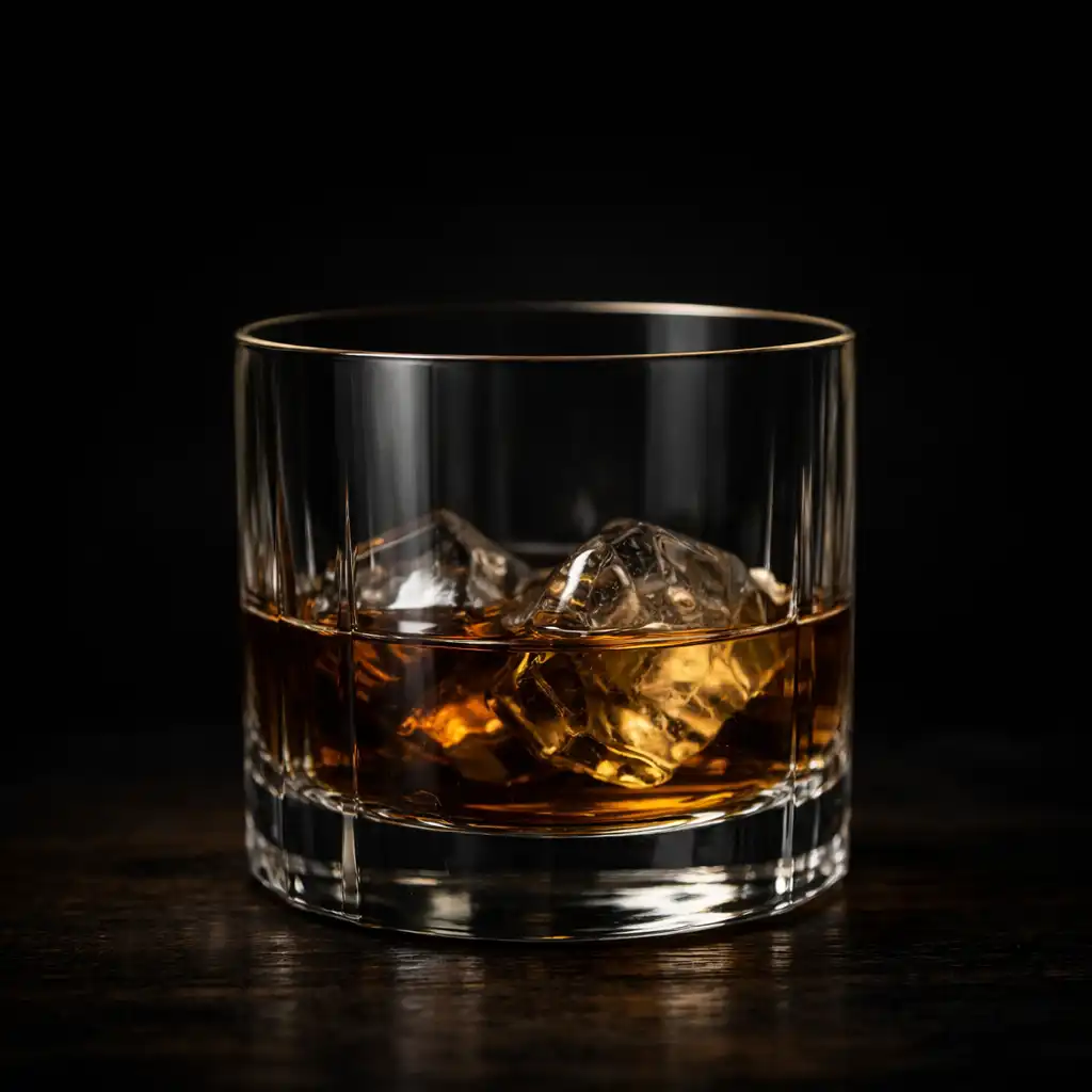 Whisky glass with amber liquid on a dark wooden surface, rimmed with subtle gold light