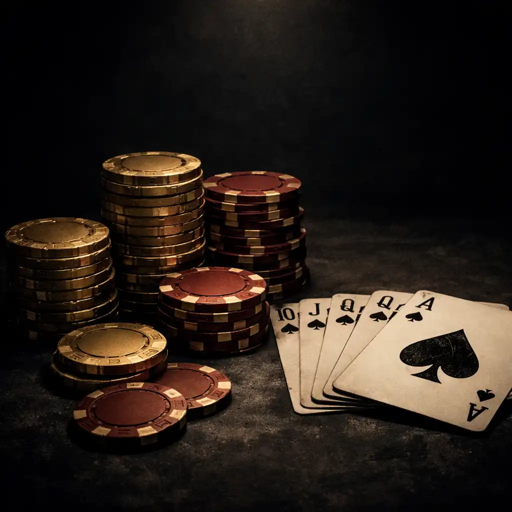 Burnished gold poker chips and playing cards on a dark table