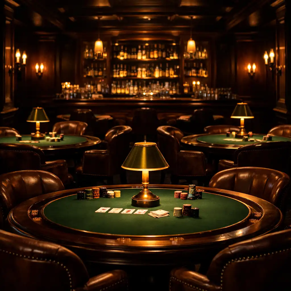Private poker salon at night with green baize tables, brass lamps, and dark wood panelling