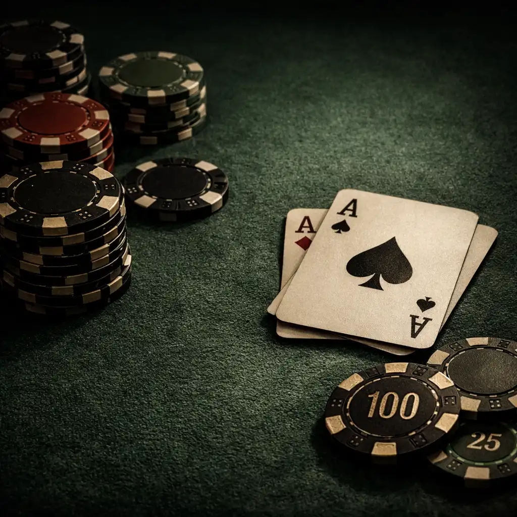 Close-up of a poker table's green baize surface with chips and cards