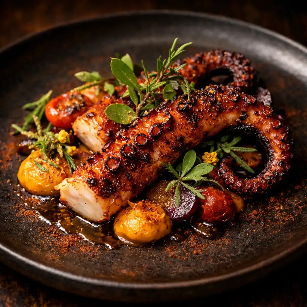 Chargrilled octopus with smoked paprika and native herbs on dark ceramic