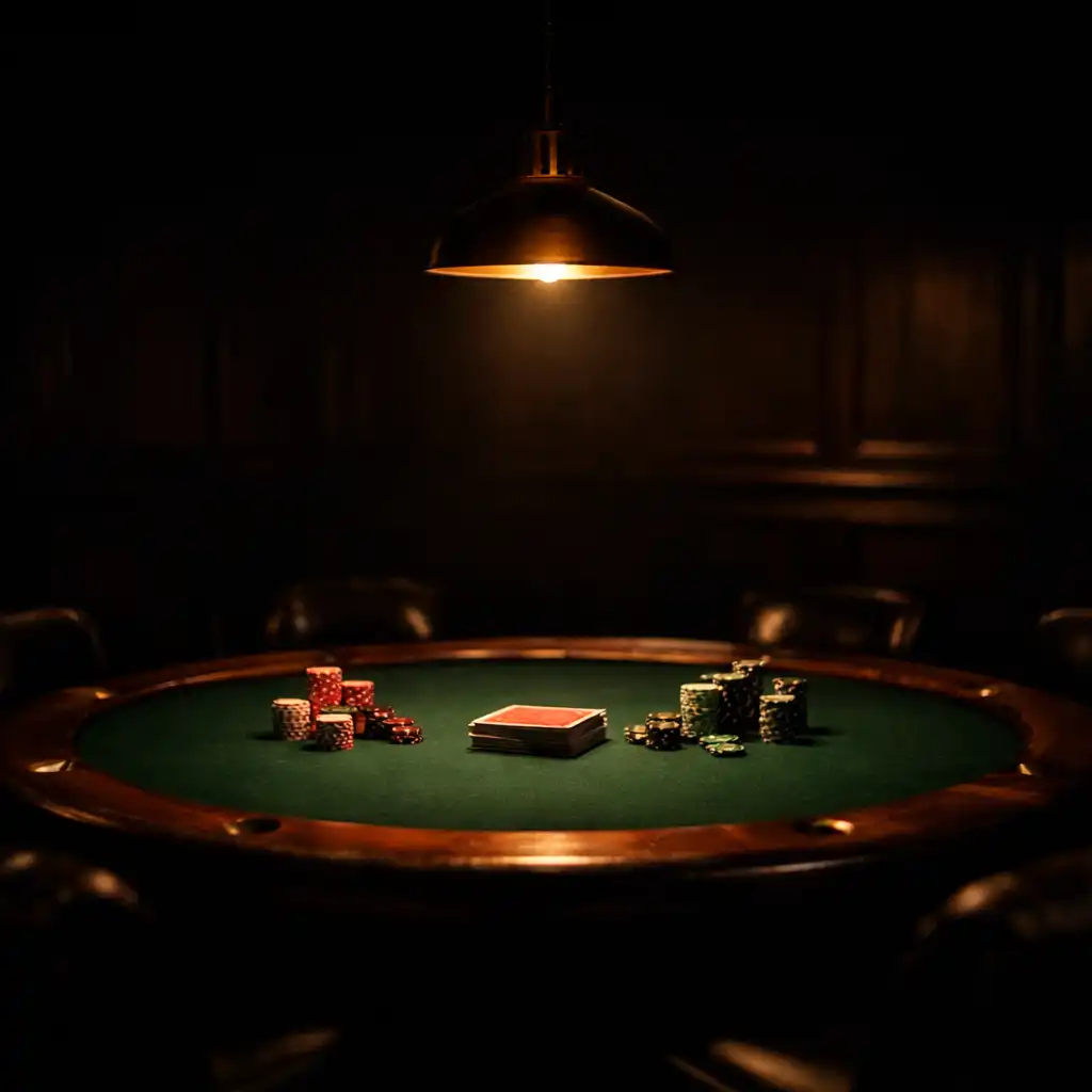 A private poker table under a warm pendant light in a dark wood-panelled room