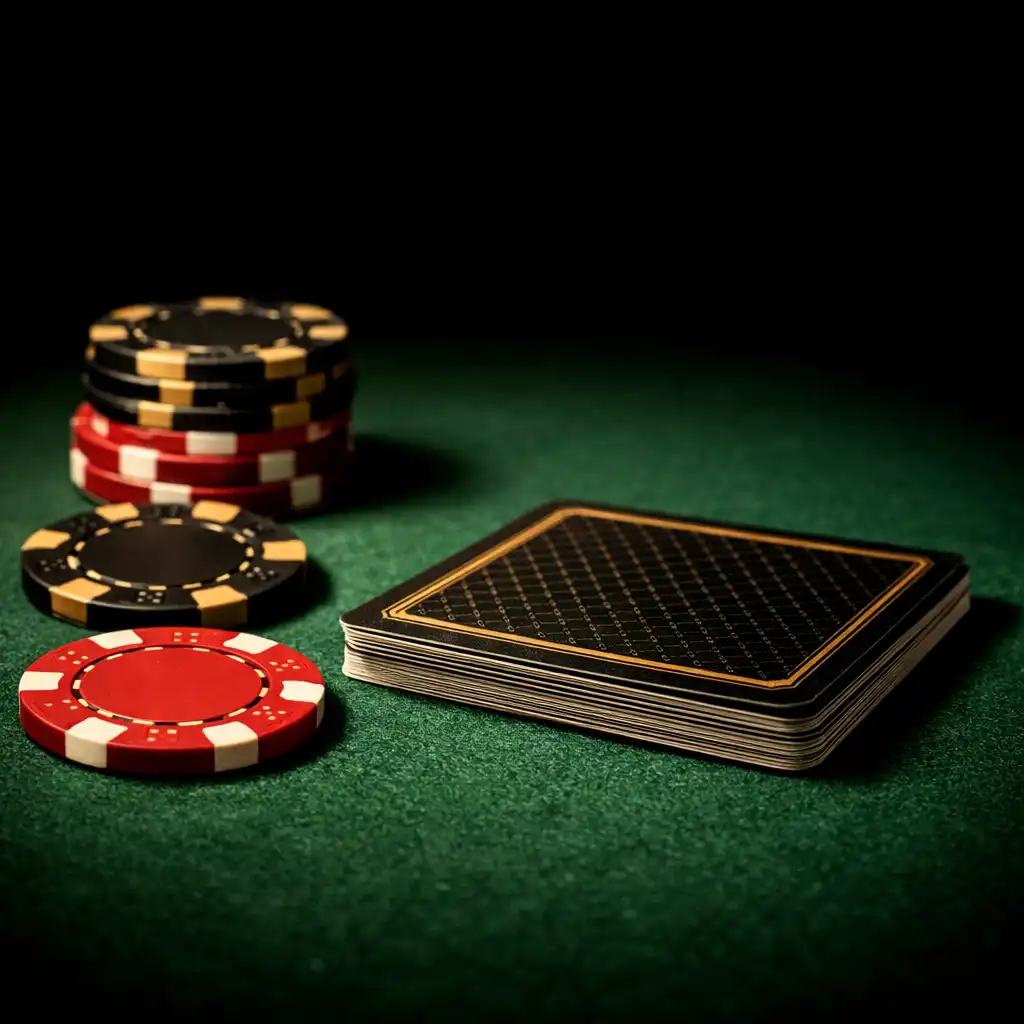 Close-up of a poker table surface with green baize, chips, and cards in warm light